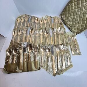 Vintage Cellini Roses Romanesque Golden Plated Flatware 44 Pieces Japan UNUSED
